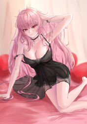 Rule 34 | 1girl, absurdres, arm behind head, arm up, black choker, black nightgown, blush, breasts, choker, cleavage, earrings, highres, hololive, hololive english, jewelry, large breasts, long hair, looking at viewer, messy hair, mori calliope, mori calliope (sleepwear), nightgown, pink hair, red eyes, see-through, skull earrings, smile, solo, virtual youtuber, zolomon (jarvis lin)