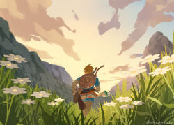 Rule 34 | 1boy, arrow (projectile), blonde hair, blue tunic, boots, bow (weapon), brown footwear, champion&#039;s tunic (zelda), cloud, cloudy sky, earrings, flower, from behind, grass, half updo, jewelry, knee boots, link, mountain, nintendo, pants, pointy ears, quiver, shield, shield on back, sky, smolbirbgjo, solo, sword, the legend of zelda, the legend of zelda: tears of the kingdom, tunic, weapon, weapon on back, white flower, white pants