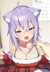 Rule 34 | 1girl, absurdres, akuto (akuto desu), animal ear fluff, animal ears, blush, breast rest, breasts, breasts on table, cake, cat ears, cat girl, cleavage, commentary, dress, fang, food, fur-trimmed dress, fur trim, highres, holding, holding spoon, hololive, large breasts, looking at viewer, medium hair, nekomata okayu, open mouth, purple eyes, purple hair, red dress, santa dress, solo, spoon, tablecloth, virtual youtuber