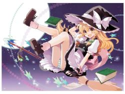 Rule 34 | 1girl, :d, arm behind head, bare legs, blonde hair, book, braid, broom, broom riding, buttons, chiba sadoru, dress, fingerless gloves, full moon, gloves, hair ribbon, hand on headwear, happy, hat, kirisame marisa, legs up, long hair, moon, night, night sky, open mouth, panties, pantyshot, ribbon, shoes, side braid, sidesaddle, sky, smile, socks, solo, star (symbol), striped clothes, striped panties, touhou, underwear, witch, witch hat