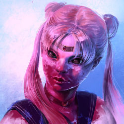 Rule 34 | 1girl, bishoujo senshi sailor moon, black eyes, blonde hair, blood, blood on clothes, blood on face, blue background, blue sailor collar, choker, closed mouth, corvitarts, double bun, hair bun, highres, horror (theme), jewelry, long hair, meme, portrait, realistic, red choker, sailor collar, sailor moon, sailor moon redraw challenge (meme), sailor senshi uniform, solo, twintails, white background