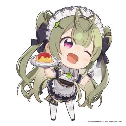 Rule 34 | 1girl, antenna hair, apron, belt, black dress, black footwear, black gloves, chibi, clothes writing, commentary request, dress, frilled apron, frills, full body, gloves, goddess of victory: nikke, green hair, green necktie, hair ornament, hair rings, hairclip, heart, highres, holding, holding tray, leaning to the side, long hair, necktie, official art, one eye closed, open mouth, smile, soda (nikke), solo, thighhighs, totatokeke, tray, two-tone gloves, two side up, very long hair, white apron, white gloves, white thighhighs, yellow belt