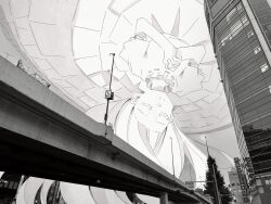 Rule 34 | 1girl, building, circle skirt, city, closed eyes, closed mouth, floating, from below, giant, giantess, greyscale, highres, lamppost, long hair, long skirt, midair, monochrome, original, outdoors, overpass, own hands clasped, own hands together, photo background, puffy short sleeves, puffy sleeves, shirt, short sleeves, skirt, skyscraper, smile, solo, tayama222, thick eyelashes, upside-down, urban, very long hair