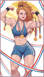 Rule 34 | 1girl, abs, absurdres, armpits, biceps, bike shorts, black scrunchie, blue eyes, blue shorts, blue sports bra, breasts, brown hair, cameltoe, captain mizuki, cleavage, clenched hands, collarbone, cowboy shot, flexing, forehead, hair ornament, hair scrunchie, high ponytail, highres, long hair, medal, medium breasts, midriff, muscular, muscular female, navel, one-punch man, ribbon, scrunchie, shorts, simple background, solo, speedl00ver, sports bra, standing, teeth, thick thighs, thighs, upper teeth only, wristband