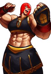 Rule 34 | 1girl, :d, arms up, biceps, blue eyes, breasts, capcom, chain necklace, clenched hand, cowboy shot, feet out of frame, fingerless gloves, gloves, hand wraps, large breasts, looking at viewer, marisa (street fighter), midriff, muscular, muscular female, navel, necklace, open mouth, red hair, red lips, red nails, short hair, shorts, shorts under skirt, simple background, skirt, smile, solo, sotcho, sports bra, standing, street fighter, street fighter 6, teeth, toned, upper teeth only, white background