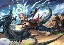 Rule 34 | 1girl, armor, blue eyes, breasts, clothing cutout, day, dragon, dual wielding, eruthika, fantasy, grey hair, highres, holding, holding sword, holding weapon, lance, long hair, magic circle, medium breasts, navel cutout, open mouth, original, outdoors, polearm, riding, solo, sword, teeth, weapon