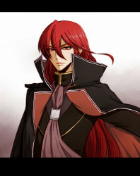 Rule 34 | 1boy, cape, fire emblem, fire emblem: mystery of the emblem, fire emblem heroes, letterboxed, long hair, male focus, misheil (fire emblem), necktie, nintendo, red eyes, red hair, reruko (yarukimodenai), simple background, solo, white background