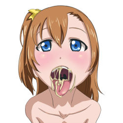 Rule 34 | 10s, 1girl, blue eyes, blush, brown hair, cum, cum in mouth, cum on tongue, facial, female focus, hair ribbon, kosaka honoka, looking at viewer, love live!, love live! school idol project, megakura kinshi, nude, open mouth, pov, ribbon, simple background, solo, teeth, tongue, tongue out, upper body, uvula, white background