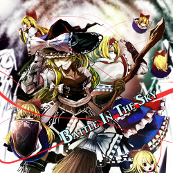 Rule 34 | 2girls, album cover, alice margatroid, arm wrap, armor, blonde hair, blue eyes, boots, bow, broom, capelet, clock, clock tower, cloud, cloudy sky, cover, cross-laced footwear, faulds, fingerless gloves, frilled skirt, frills, gauntlets, gloves, grin, hair bow, hair ribbon, hairband, hand on headwear, hat, hat over one eye, hat ribbon, jonasan (bad-t), kirisame marisa, knee boots, lance, lolita hairband, long hair, looking at viewer, looking back, multiple girls, polearm, puppet strings, ribbon, shanghai doll, sharp teeth, shield, short hair, skirt, sky, smile, teeth, title, touhou, tower, tress ribbon, weapon, witch hat, yellow eyes, yin yang