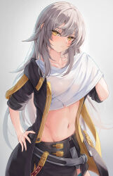 Rule 34 | 1girl, absurdres, black jacket, black skirt, clothes lift, collarbone, commentary request, cowboy shot, grey background, grey hair, hand on own hip, highres, honkai: star rail, honkai (series), jacket, lifted by self, long hair, looking at viewer, midriff, miniskirt, navel, open clothes, open jacket, pennosuke, shirt lift, short sleeves, skirt, solo, standing, stelle (honkai: star rail), stomach, trailblazer (honkai: star rail), yellow eyes