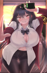 Rule 34 | 1girl, absurdres, ahoge, armband, azur lane, black bow, black bowtie, black hair, black pantyhose, blurry, blurry background, blush, bow, bowtie, breasts, cellphone, cleavage, collared shirt, cowboy shot, crotch seam, curvy, fake phone screenshot, fake screenshot, glasses, gluteal fold, hair between eyes, highres, holding, holding phone, huge breasts, jacket, john zerowb, leaning forward, long hair, looking at viewer, loose bowtie, navel, no pants, open clothes, open jacket, pantyhose, partially unbuttoned, phone, red eyes, red jacket, round eyewear, shirt, smartphone, smile, solo, standing, taihou (azur lane), taihou (sweet time after school) (azur lane), teeth, thick thighs, thigh gap, thighband pantyhose, thighs, traditional bowtie, very long hair, white shirt, wide hips, yellow armband