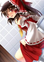 Rule 34 | 1girl, ascot, bad id, bad pixiv id, blush, bow, clothes lift, detached sleeves, female focus, hair bow, hakurei reimu, irua, looking back, red eyes, skirt, skirt lift, solo, toilet, toilet use, touhou, yellow ascot