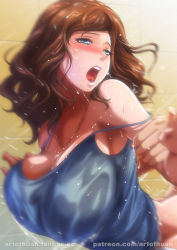 Rule 34 | 1girl, artofhuan, bare shoulders, blue eyes, blush, breasts, brown hair, cleavage, covered erect nipples, doggystyle, highres, implied sex, jewelry, large breasts, leaning forward, long hair, mature female, mole, mole under eye, moriya meguri (artofhuan), necklace, no bra, open mouth, original, sex, sex from behind, strap slip, sweat, tank top, tile wall, tiles, white legwear