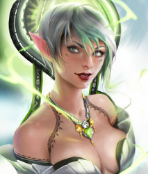 Rule 34 | 1girl, breasts, cleavage, green eyes, green hair, highres, jewelry, large breasts, necklace, original, pointy ears, sakimichan, smile, solo