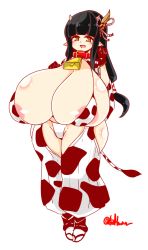 Rule 34 | 1girl, animal ears, animal print, ayazumi flutter, breasts, cow ears, cow girl, cow print, cow tail, cowbell, dot nose, female focus, full body, gigantic breasts, green eyes, hinoa, monster hunter (series), nipple slip, nipples, pointy ears, sandals, sidelocks, standing, tail, white background