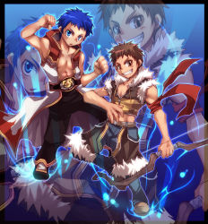 Rule 34 | 2boys, armband, black pants, blue eyes, blue hair, blush, bow (weapon), brown eyes, brown footwear, brown hair, brown shirt, brown shorts, champion (ragnarok online), championship belt, clenched hand, closed eyes, coat, commentary request, crop top, emon-yu, full body, fur-trimmed shirt, fur-trimmed shorts, fur trim, grey pants, grin, holding, holding bow (weapon), holding weapon, hood, hooded coat, male focus, midriff, multiple boys, open clothes, open coat, open mouth, pants, pants under shorts, ragnarok online, shirt, shoes, short hair, shorts, sleeveless, sleeveless coat, sleeveless shirt, smile, sniper (ragnarok online), toned, toned male, two-tone shirt, weapon, white coat, zoom layer