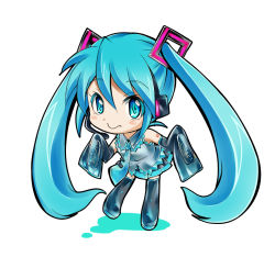 Rule 34 | 1girl, aqua eyes, aqua hair, boots, chibi, detached sleeves, gelatin (alkaloid no baketsu), hatsune miku, headset, long hair, necktie, simple background, skirt, sleeves past wrists, smile, solo, thigh boots, thighhighs, twintails, very long hair, vocaloid, white background