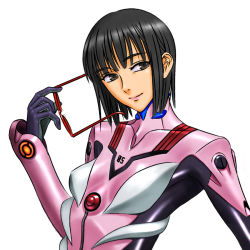 Rule 34 | 1girl, bad id, bad pixiv id, black eyes, black hair, bob cut, character request, cosplay, evangelion: 2.0 you can (not) advance, female focus, glasses, makinami mari illustrious, makinami mari illustrious (cosplay), neon genesis evangelion, plugsuit, plugsuit (cosplay), rebuild of evangelion, sakamoto maaya, short hair, simple background, solo, soukuu, upper body, voice actor, voice actor connection, white background
