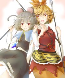 Rule 34 | 2girls, absurdres, animal ears, animal print, arms up, bishamonten&#039;s spear, blonde hair, blue capelet, capelet, dowsing rod, dress, fang, gradient background, grey hair, grey skirt, grey vest, gumi (fwjn7284), hair between eyes, hair ornament, highres, holding, holding polearm, holding spear, holding weapon, jewelry, layered dress, leaning back, leaning on person, long sleeves, looking at viewer, mouse ears, mouse tail, multicolored hair, multiple girls, nazrin, open mouth, orange eyes, pendant, petticoat, polearm, red eyes, shirt, short hair, skin fang, skirt, smile, spear, streaked hair, swept bangs, tail, tiger print, toramaru shou, touhou, vest, weapon, white background, white shirt