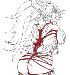 Rule 34 | 1girl, ass, bad id, baiken, bb (baalbuddy), bdsm, big hair, bondage, bound, bound wrists, breasts, cowboy shot, eyepatch, facial mark, from behind, guilty gear, guilty gear xrd, highres, huge breasts, inactive account, large breasts, looking at viewer, looking back, monochrome, one eye covered, parted lips, ponytail, red theme, shibari, shibari under clothes, simple background, solo, standing, tassel, white background