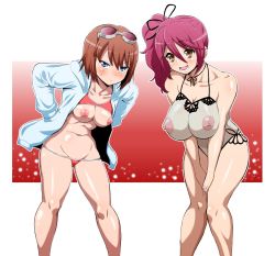 Rule 34 | 2girls, bikini, breasts, brown hair, cheria barnes, hokuto (artist), hokuto (tokuho), huge areola, large breasts, looking at viewer, medium breasts, multiple girls, nipples, pink hair, pointless clothes, pointless clothing, rita mordio, see-through, see-through shirt, swimsuit, tagme, tales of (series), tales of graces, tales of vesperia, topless, transparent, transparent clothes, transparent swimsuit, useless clothes, useless clothing