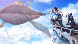 Rule 34 | 1boy, absurdres, aircraft, airship, arm tattoo, artist request, baimeme, bara, bare arms, beard, black hair, blue headband, blue shirt, blue sky, brucie (infighter821), check artist, cloud, cloudy sky, commission, dungeon and fighter, facial hair, flying whale, hand up, headband, highres, large pectorals, male focus, male priest (dungeon and fighter), mature male, mountain, muscular, muscular male, original, pectorals, scenery, second-party source, shirt, short hair, sky, sleeveless, sleeveless shirt, solo, sunlight, tattoo, whale, wolf