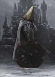 Rule 34 | 1boy, alfred (bloodborne), artist name, blood, blood on clothes, bloodborne, cape, castle, cloak, copyright name, full body, gloves, gun, helmet, highres, holding, holding weapon, logarius wheel, male focus, snow, solo, standing, tripdancer, weapon