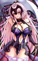 Rule 34 | 1girl, absurdres, armor, armored dress, bare shoulders, blue dress, blush, breasts, chain, cleavage, dress, fate/grand order, fate (series), flag, fur trim, gloves, headpiece, highres, huge filesize, jeanne d&#039;arc (fate), jeanne d&#039;arc alter (avenger) (fate), jeanne d&#039;arc alter (avenger) (third ascension) (fate), jeanne d&#039;arc alter (fate), kuro (tbm9187), large breasts, long hair, looking at viewer, navel, parted lips, smile, solo, thighhighs, white hair, yellow eyes