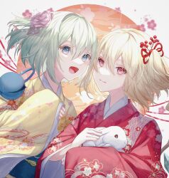 Rule 34 | 2girls, :d, absurdres, alternate costume, animal, blonde hair, blue eyes, closed mouth, commentary request, flandre scarlet, floral print, flower, green hair, hair flower, hair ornament, highres, holding, holding animal, japanese clothes, kimono, komeiji koishi, long sleeves, looking at viewer, medium hair, multiple girls, no headwear, obi, one side up, open mouth, pink flower, pink rose, rabbit, red eyes, red kimono, rose, sash, sleeves past wrists, smile, third eye, toku kekakewanko, touhou, upper body, wide sleeves, yellow kimono