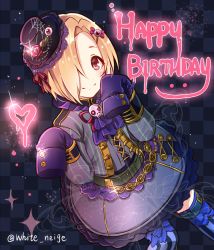 Rule 34 | 10s, 1girl, blonde hair, blue thighhighs, blush, bug, butterfly, checkered background, dress, eyeball, hair ornament, hair over one eye, hairclip, happy birthday, hat, heart, idolmaster, idolmaster cinderella girls, insect, looking at viewer, mini hat, mini top hat, red eyes, serino itsuki, shirasaka koume, short hair, skirt, skull, sleeves past wrists, smile, solo, thighhighs, top hat, twitter username