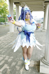 Rule 34 | 1girl, ankle boots, asian, blue eyes, blue hair, boots, bow, bracelet, breasts, cellphone, choker, chouzuki maryou, cleavage, cosplay, cure diamond, cure diamond (cosplay), dokidoki! precure, dress, headpiece, highres, jewelry, large breasts, long hair, magical girl, matching hair/eyes, phone, photo (medium), plump, ponytail, precure, puffy short sleeves, puffy sleeves, ribbon, short sleeves, solo, tiara