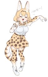 Rule 34 | &gt; &lt;, 1girl, :3, animal ear fluff, animal ears, bad id, bad twitter id, bare shoulders, blonde hair, boots, bow, bowtie, claw pose, elbow gloves, extra ears, fang, full body, gloves, high-waist skirt, highres, kemono friends, kona ming, open mouth, print bow, print bowtie, print gloves, print neckwear, print skirt, print thighhighs, serval (kemono friends), serval print, serval tail, shirt, short hair, skirt, sleeveless, solo, tail, thighhighs, traditional bowtie, translated, white footwear, white shirt, zettai ryouiki