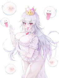 Rule 34 | 1girl, absurdres, bad id, bad pixiv id, blush, boo (mario), breasts, cleavage, collarbone, colored skin, dress, highres, large breasts, long hair, looking at viewer, luigi&#039;s mansion, mario (series), myless, new super mario bros. u deluxe, nintendo, parted lips, pink eyes, princess king boo, smile, solo, super crown, teeth, tongue, tongue out, white dress, white hair, white skin