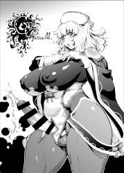 Rule 34 | 1girl, bare shoulders, blush, bonten, breasts, censored, covered erect nipples, cum, curvy, ejaculation, erection, futanari, gloves, gradient background, greyscale, highres, huge breasts, impossible clothes, la pucelle, large penis, long hair, monochrome, pantyhose, parted lips, penis, prier, solo, tears, testicles, thick thighs, thighs, veins, veiny penis, wide hips