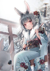 Rule 34 | 1girl, animal, animal ear fluff, animal ears, arrow (projectile), bare tree, blue kimono, blurry, blurry foreground, branch, chinese zodiac, commentary, depth of field, ema, feet out of frame, floral print, flower, fur collar, grey hair, hair flower, hair ornament, hamaya, holding, holding arrow, japanese clothes, kimono, long hair, long sleeves, midorikawa you, obi, original, outdoors, print kimono, rabbit, rabbit ears, red eyes, sash, sitting, snowing, solo, symbol-only commentary, torii, tree, twintails, very long hair, white flower, wide sleeves, year of the rabbit