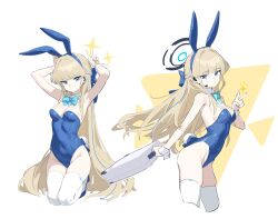 Rule 34 | 1girl, absurdres, animal ears, armpits, arms up, blonde hair, blue archive, blue bow, blue bowtie, blue eyes, blue footwear, blue hair, blue halo, blue leotard, bow, bowtie, braid, breasts, briefcase, closed mouth, covered navel, cropped legs, detached collar, earpiece, earrings, expressionless, fake animal ears, fake tail, floating hair, hair bow, halo, high heels, highleg, highleg leotard, highres, holding, holding briefcase, jewelry, kneeling, leotard, long hair, looking at viewer, luo (luo33052478), medium breasts, multicolored hair, multiple views, official alternate costume, playboy bunny, pumps, rabbit ears, rabbit pose, rabbit tail, sparkle, strapless, strapless leotard, streaked hair, stud earrings, tail, thighhighs, toki (blue archive), toki (bunny) (blue archive), two-tone background, v, very long hair, white background, white thighhighs, white wrist cuffs, wrist cuffs, yellow background