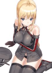 Rule 34 | 10s, 1girl, anchor, bare shoulders, bismarck (kancolle), black panties, blonde hair, blue eyes, breasts, collarbone, elbow gloves, embarrassed, gloves, hat, unworn hat, unworn headwear, impossible clothes, jacket, kantai collection, kfr, large breasts, long hair, looking down, md5 mismatch, panties, simple background, sitting, solo, thighhighs, underwear, white background