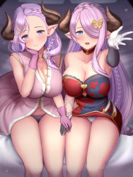 Rule 34 | 2girls, absurdres, asymmetrical gloves, blush, braid, breasts, cleavage, collarbone, draph, dress, elbow gloves, gloves, granblue fantasy, hair ornament, hair over one eye, hairclip, highres, horns, large breasts, laruna (granblue fantasy), long hair, looking at viewer, melopun, mother and daughter, multiple girls, narmaya (granblue fantasy), pink hair, pointy ears, short dress, sitting, smile, thighs, uneven gloves