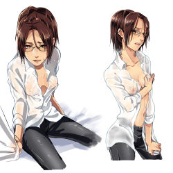 Rule 34 | 1girl, black pants, breasts, brown eyes, brown hair, cleavage, dress shirt, covered erect nipples, glasses, hange zoe, highres, looking at viewer, navel, nipples, null (chronix), open clothes, open mouth, open shirt, pants, see-through, shingeki no kyojin, shirt, short hair, simple background, sitting, small breasts, solo, wet, wet clothes, wet shirt, white background, white shirt