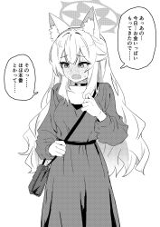 1girl absurdres animal_ear_fluff animal_ears bag blue_archive blush cat_ears choker dress greyscale halo highres long_hair long_sleeves makura_u9b mari_(blue_archive) monochrome open_mouth shoulder_bag simple_background solo speech_bubble translation_request white_background