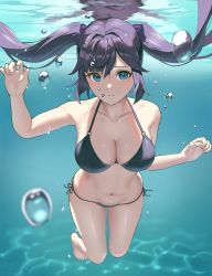Rule 34 | 1girl, air bubble, anteiru, aqua eyes, arm up, bare shoulders, bikini, black bikini, black hair, breasts, bubble, cleavage, collarbone, floating hair, full body, genshin impact, hair ribbon, hand up, highres, large breasts, long hair, looking at viewer, mona (genshin impact), navel, parted lips, ribbon, side-tie bikini bottom, solo, stomach, submerged, swimsuit, thighs, twintails, underwater, water