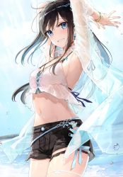 Rule 34 | 1girl, absurdres, arms up, blue sky, blurry, blurry background, blush, bracelet, breasts, cloud, cloudy sky, day, earrings, fuumi (radial engine), highres, jewelry, long hair, looking at viewer, medium breasts, midriff, navel, ocean, original, outdoors, parted lips, scan, see-through, shorts, simple background, sky, smile, solo, stomach, teeth, thighs, water, water drop