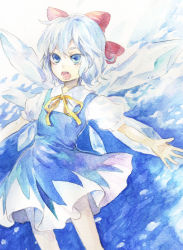 Rule 34 | 1girl, blouse, blue eyes, blue hair, cirno, dress, female focus, hair ribbon, matching hair/eyes, outstretched arms, ribbon, shirt, short hair, solo, spread arms, tomobe kinuko, touhou, white shirt, wings