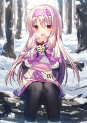 Rule 34 | 1girl, :d, ainu clothes, black gloves, black pantyhose, blush, commentary, craytm, day, english commentary, fate/grand order, fate (series), fingerless gloves, food, fur-trimmed gloves, fur trim, gloves, hair between eyes, hair tubes, hairband, highres, holding, holding food, light brown hair, long hair, open mouth, outdoors, pantyhose, pink hairband, red eyes, short sleeves, sitonai (fate), sitting, smile, snow, solo, steam, sweet potato, tree, very long hair