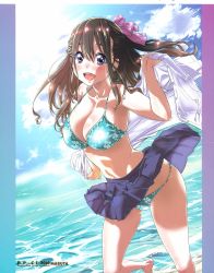 Rule 34 | 1girl, absurdres, barefoot, beach, bikini, blue sky, blush, breasts, brown hair, cleavage, clothes lift, cloud, day, hair ribbon, highres, large breasts, long hair, looking at viewer, maruta, navel, ocean, open mouth, outdoors, pleated skirt, purple eyes, ribbon, school uniform, shirt, skirt, skirt lift, sky, smile, solo, strap gap, swimsuit, underwear, undressing, water