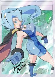 Rule 34 | 1girl, ass, blue eyes, blue footwear, blue hair, bodysuit, boots, breasts, cape, clair (pokemon), commentary request, creatures (company), earrings, game freak, gloves, highres, jewelry, kneepits, light blue hair, long hair, momotanomiya, nintendo, open mouth, pointing, pokemon, pokemon hgss, ponytail, solo, standing, teeth, tongue, upper teeth only