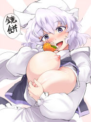 Rule 34 | 1girl, :d, ario, blush, breasts, female focus, food, fruit, hat, kagami mochi, large breasts, letty whiterock, light purple hair, looking at viewer, nipples, open mouth, oppai mochi, orange (fruit), purple eyes, sketch, smile, solo, touhou, translated