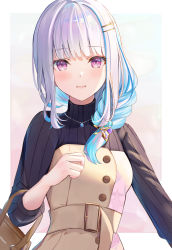 Rule 34 | 1girl, absurdres, bag, black sweater, blue hair, blush, braid, brown dress, commentary request, dress, hair ornament, hair over shoulder, hairclip, hand up, highres, jewelry, lize helesta, long sleeves, looking at viewer, necklace, nijisanji, parted lips, purple eyes, silver hair, simple background, single braid, sisoha, smile, solo, sweater, turtleneck, upper body, virtual youtuber