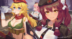 Rule 34 | 3girls, ak-47, ak-47 (girls&#039; frontline), alcohol, assault rifle, beret, bikini, blonde hair, blue eyes, blush, bottle, breasts, blowing bubbles, chest strap, cleavage cutout, clothing cutout, copyright name, drinking, earrings, flower, front-tie bikini top, front-tie top, girls&#039; frontline, gloves, gun, hair between eyes, hair flower, hair ornament, hair ribbon, hat, hayate (leaf98k), jewelry, kalashnikov rifle, large breasts, long hair, looking at viewer, looking to the side, multiple girls, nose blush, outdoors, overcast, pink hair, pouch, puffy short sleeves, puffy sleeves, purple hair, rain, red scarf, red star, ribbon, rifle, saiga-12 (girls&#039; frontline), scarf, short sleeves, sidelocks, simonov (girls&#039; frontline), sky, smile, star (symbol), star earrings, swimsuit, tress ribbon, underbust, upper body, vodka, weapon, wet, wet clothes, white gloves, yellow eyes