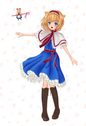Rule 34 | 1girl, alice margatroid, animal ears, apron, ascot, blonde hair, blue eyes, blush, boots, bow, capelet, cat ears, cross-laced footwear, frilled skirt, frills, gang mao, hair bow, hairband, heart, kemonomimi mode, lace-up boots, long hair, open mouth, sash, shanghai doll, short hair, short sleeves, skirt, smile, touhou, waist apron